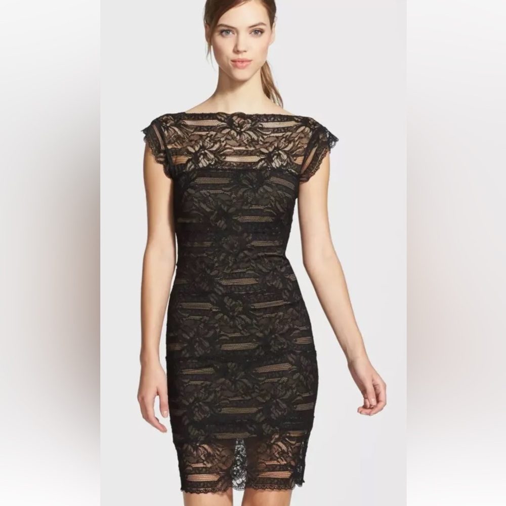 Nicole Miller Illusion Yoke Lace Sheath Dress Worn by Grace Sz L Black